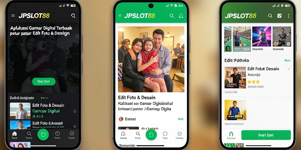Antarmuka menarik dari aplikasi JPSLOT88 untuk edit foto dan desain.